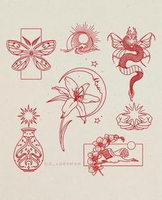 an image of tattoos drawn in red ink on white paper with flowers and vases