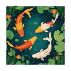 four koi fish swimming in a pond surrounded by lily pads