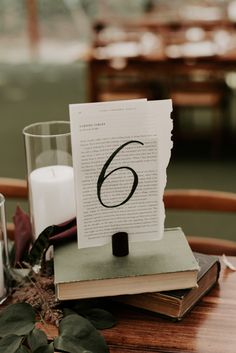 a table topped with an open book next to a candle