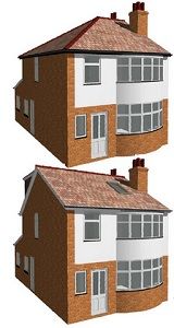 two 3d renderings of a house with windows and dormers on the top floor