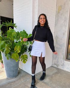 Black And White Outfits Skirt, Black Skirt And Stockings Outfit, Stockings And Boots Outfit, How To Style White Mini Skirt, Stockings And Skirt Outfit, White Skirt And Boots Outfit, White Mini Skirt Fall Outfit, White Skirt And Stockings Outfit, White Skirt With Stockings Outfit