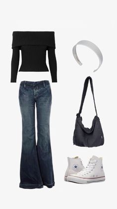 Flare Out Jeans Outfit, Outfit Inspo With White Converse, Flared Jeans And Tank Top Outfit, Outfit Ideas With Bell Bottom Jeans, Outfit Ideas For Flare Jeans, Flare Winter Outfit, Flared Outfit Jeans, Bootcut Jeans And Converse Outfit, Outfit Ideas Flared Jeans