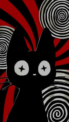 a black cat with white eyes standing in front of red and black swirls on the wall