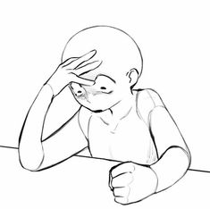 a black and white drawing of a baby sitting at a table with his hands on his head