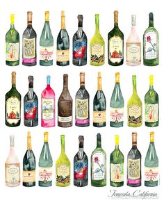 a bunch of wine bottles are shown in this watercolor painting printable set,