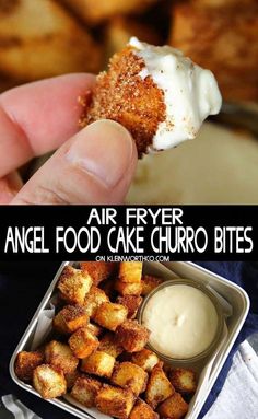 an air fryer angel food cake churro bites are being held up to the camera