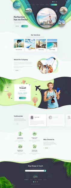 the website design for travel company is shown in green and blue colors, with an image of