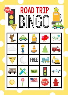 the road trip bingo game is shown with cars, trucks and traffic lights on it