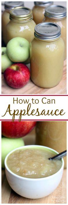 applesauce in jars on a wooden table with an apple next to it and the words, how to can applesauce