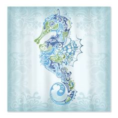 an ocean themed shower curtain with jellyfishs and swirly waves on the water