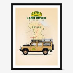 the land rover vehicle is parked in front of a map and it's name