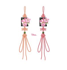 two pairs of earrings with pink flowers and bows hanging from the ends of each pair