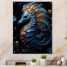 a blue and gold sea horse on a black background in a room with white walls