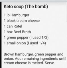 the menu for keto soup is shown in black and white letters, with an image of