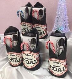 six pairs of black shoes with candy canes in them