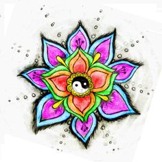 a drawing of a colorful flower with a black ball in the center and white dots around it