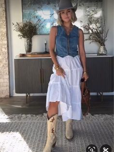 Stylish Country Outfits, Farmhouse Party Outfit, Cowgirl Skirt Outfits Western Wear, Denim Tie Vest Outfit, Country Maxi Skirt Outfit, Texan Style Outfits, Rodeo Summer Outfits, White Skirt Cowboy Boots Outfit, Jean Vest And Skirt Outfit