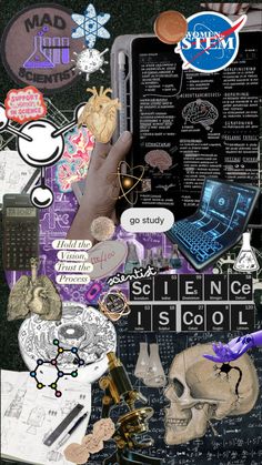 a collage of science related items including a laptop, skull, and other things