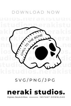 a black and white poster with a skull wearing a beanie on it's head