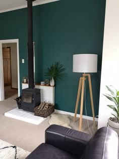 a living room with green walls and a wood burning stove in the corner next to a black leather couch