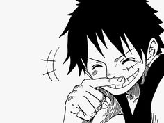 black and white drawing of an anime character holding his finger to his mouth while looking at the camera