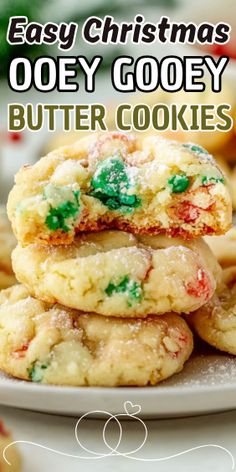 easy christmas ooey gooey butter cookies are stacked on top of each other