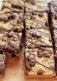 chocolate chip cookie bars cut into squares on a cutting board