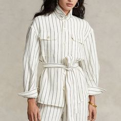 Ralph Lauren Linen Striped Belted Utility Shirt Jacket In Cream Brown -100% Linen -New With Tag -Retail $298 See The Measurements Below To Ensure Proper Fit. -Pit To Pit : 21" -Length : 26.75" -Shoulder : 21.5" -Shoulder To Cuff : 21.5" (* Approx. Measurement Laying Flat) Size : 8 We Ship Daily So Expect A Quick Delivery! #Timeless, Linen, Striped, Summer, Spring, Fall, Luxury, Designer, Going Out, Party, Cocktail, Formal, Wedding Guest, Special Occasion, Dinner, Birthday, Graduation, Classy, Of Ralph Lauren Linen, Striped Linen Shirt, Utility Shirt, Linen Jacket, Ralph Lauren Tops, Striped Linen, Utility Jacket, Jumpers And Cardigans, Linen Shirt