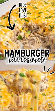 the recipe for hamburger rice casserole is shown in two different pictures, one with meat and cheese on it