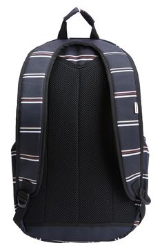 a black backpack with stripes on it