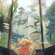 a girl is looking out the window at fish