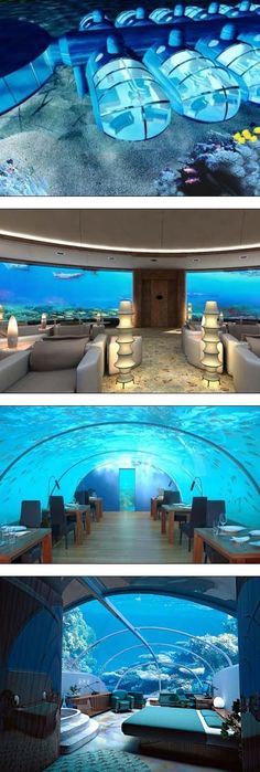 the inside of an underwater restaurant