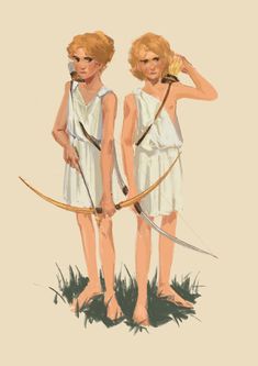 two women in white dresses with bows and arrows, one holding a bow at the other's side