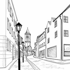 a black and white drawing of a street with buildings on both sides, one building has a clock tower