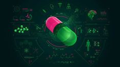 a green and pink pill on top of a black background with various symbols around it