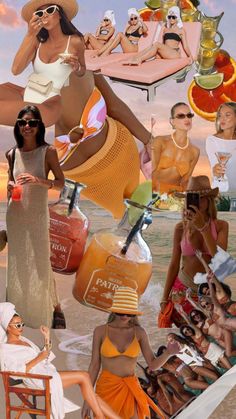 a collage of women in bathing suits and bikinis on the beach with drinks