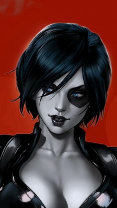 a drawing of a woman with black hair and blue eyes, wearing a leather outfit