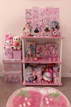 a pink shelf filled with lots of toys