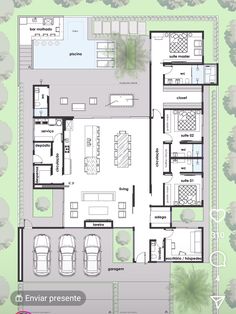 the floor plan for a modern house with three bedroom and an attached living room area