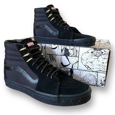 Vans X Marvel Black Panther Sk8-Hi Shoes In Black Men's Size 9.5/ Women's Size 11 New In Box - Box Shows Shelf/Storage Wear, See Pictures Vans Teamed Up With Marvel On A Collection That Celebrated Several Of The Company’s Most Famous Comics. This Sk8-Hi Recognizes The Black Panther, Featuring A Triple Black Color Palette With A Suede And Ballistic Mesh Construction On The Upper. The Gold Eyelets At The Top Give The Nod To The Character’s Spiked Necklace, While Red Marvel Branding Appears On The Spiked Necklace, Marvel Black Panther, Black Color Palette, The Black Panther, Famous Comics, Spike Necklace, Black Panther Marvel, Shelf Storage, Vans Black