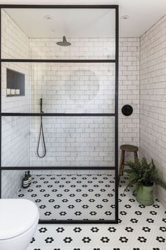 a black and white tiled bathroom with a shower, toilet and plant in the corner