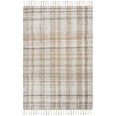 a beige and black plaid rug with fringes