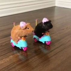 two small toy mice riding on top of each other in a room with hardwood floors