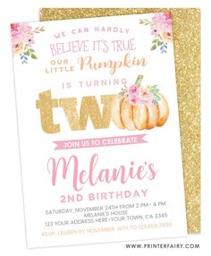 a pink and gold birthday party with pumpkins, flowers and glitter on the front