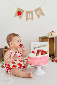 1st Birthday Photo Shoot Ideas Strawberry, Strawberry Shortcake Photoshoot 1st Birthdays, Berry Sweet One First Birthday Photo Shoot, Strawberries Birthday Theme, Berry First Birthday Smash Cake Photos, Strawberry Shaped Smash Cake, Berry Sweet 1st Birthday Photoshoot, Strawberry One Year Old Pictures, Berry First Photoshoot