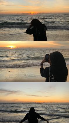 three different shots of a person taking pictures on the beach at sunset or dawn with their cell phone