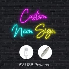 custom neon sign with 5 usb power outlets on brick wall background, 3 colors to choose from