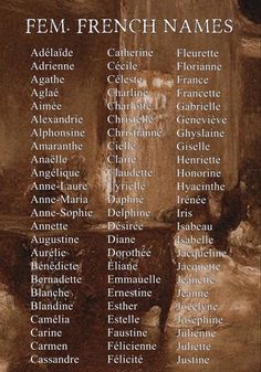 the names of french names in front of an old painting with black and white lettering