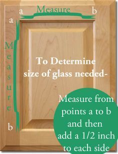 the measurements for an unfinished cabinet door are shown in green and white text, which reads to determine size of glass needed