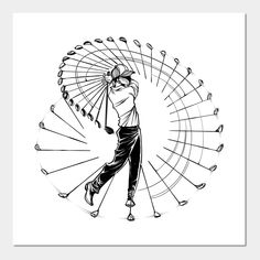 a black and white drawing of a person swinging a golf club